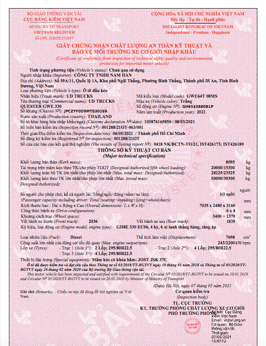 giấy nhâp khẩu đầu kéo ud trucks 330hp