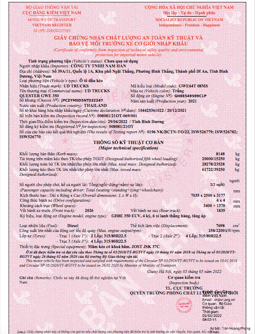Giấy nhập khẩu đầu kéo UD Quester 350hp
