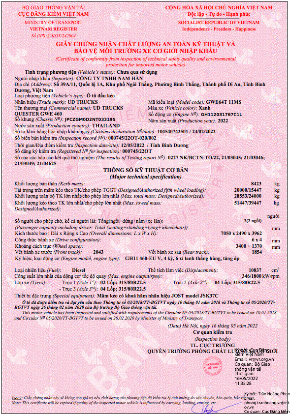 Giấy nhập khẩu ĐẦU KÉO UD QUESTER GWE 460 HP E5